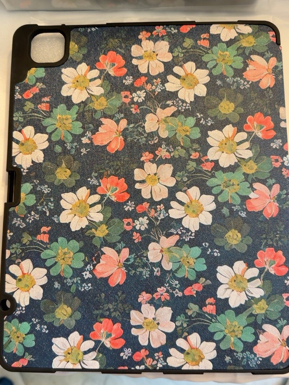 Floral Navy Tablet Case with Coral & White Blooms